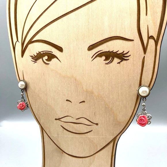 Coquette Vintage Rose Dangle Earrings, Faux Pearl in Silver Tone Drops - Picture 4 of 5